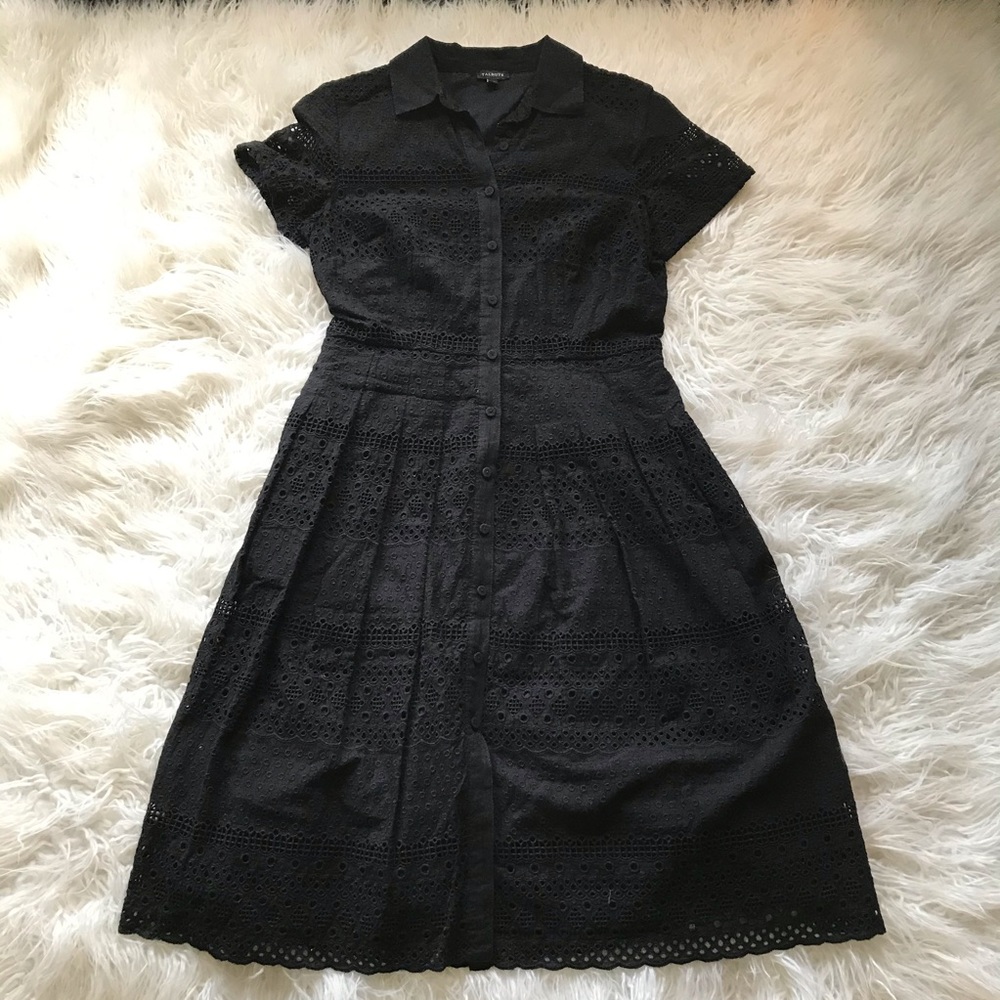 TALBOTS BLACK LACE CROCHET BUTTON DOWN FLARE DRESS